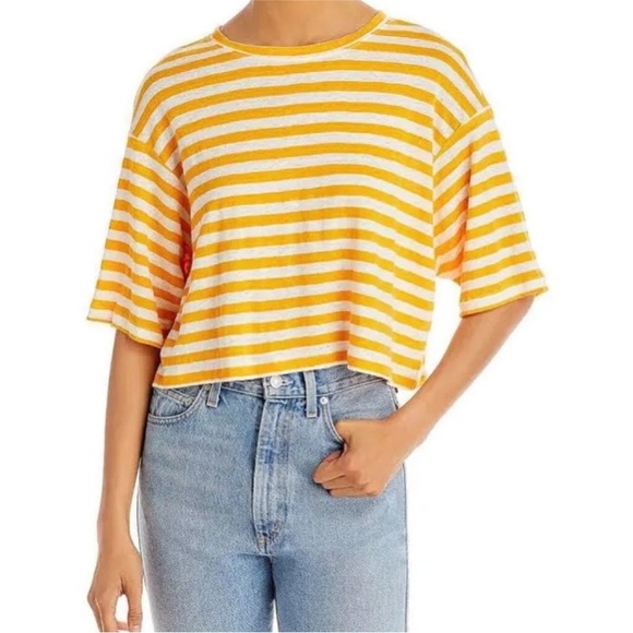 Frame Women's Boxy Crop Tee stripe organic linen orange large - Picture 2 of 6